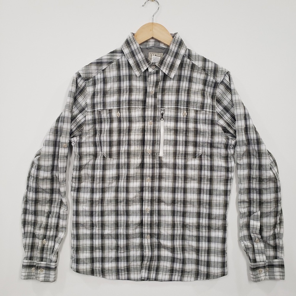 LL Bean Plaid Hiking Shirt‎ Mens Small Grey Gorpcore Fisherman Utility Casual
